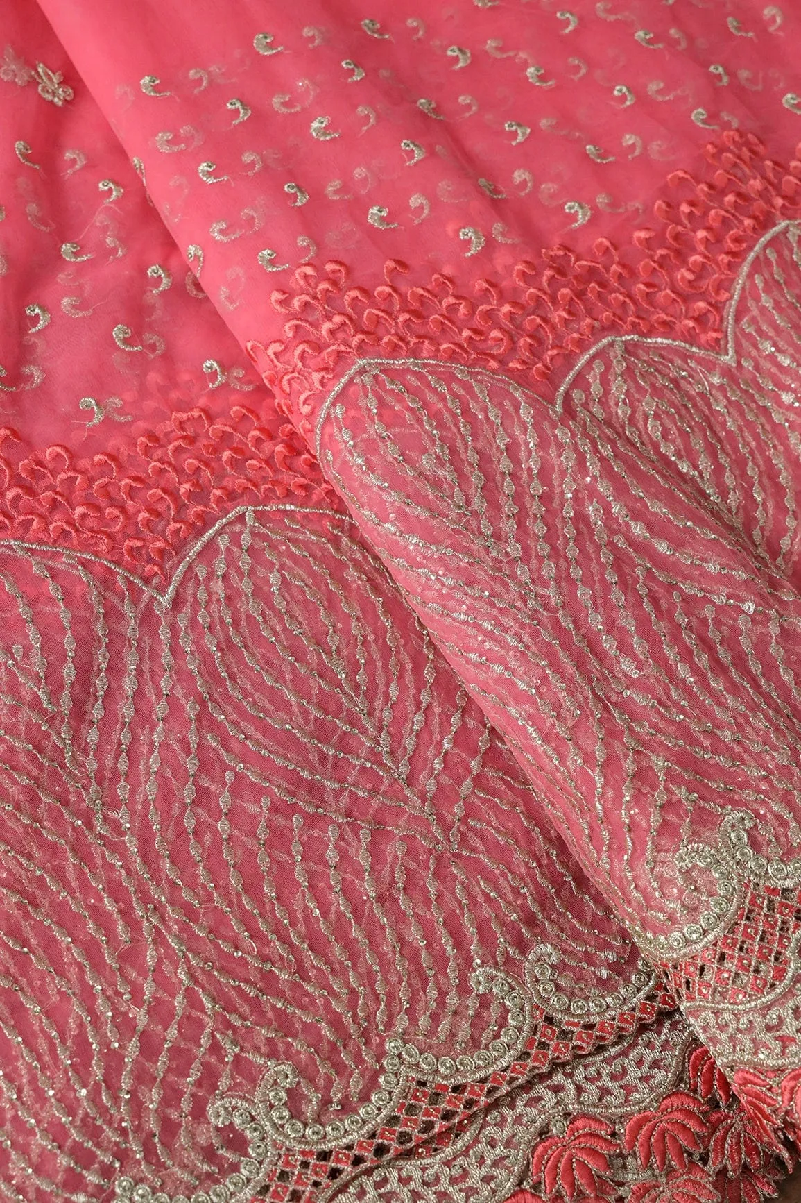 Big Width''56'' Gajri Pink Thread With Zari Traditional Embroidery Work On Gajri Pink Soft Net Fabric With Border