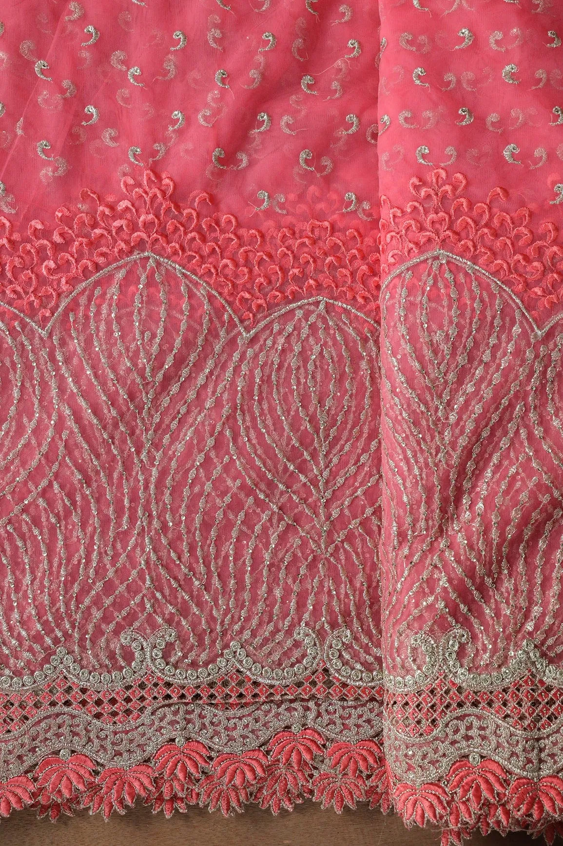 Big Width''56'' Gajri Pink Thread With Zari Traditional Embroidery Work On Gajri Pink Soft Net Fabric With Border