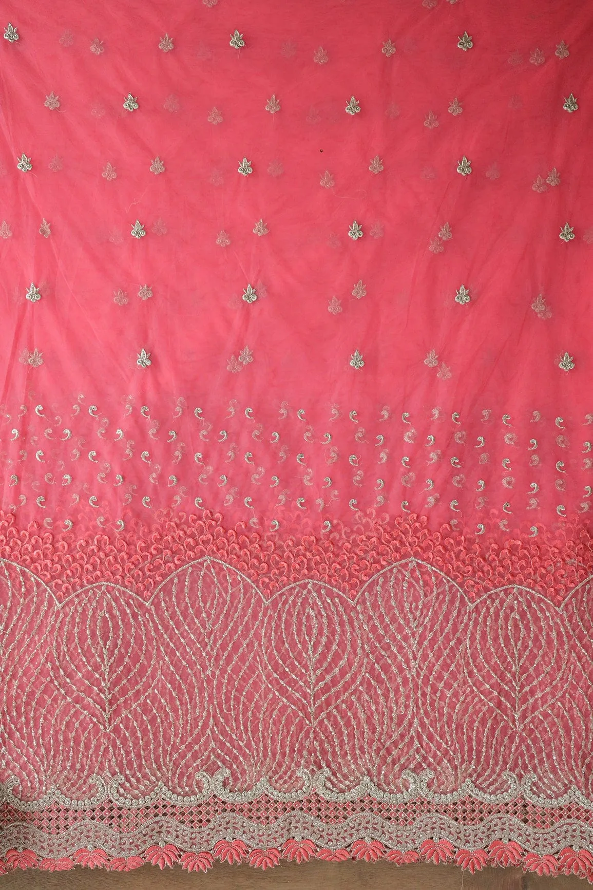 Big Width''56'' Gajri Pink Thread With Zari Traditional Embroidery Work On Gajri Pink Soft Net Fabric With Border