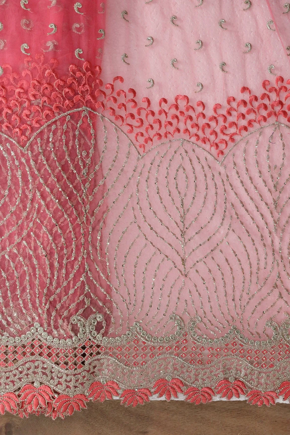 Big Width''56'' Gajri Pink Thread With Zari Traditional Embroidery Work On Gajri Pink Soft Net Fabric With Border