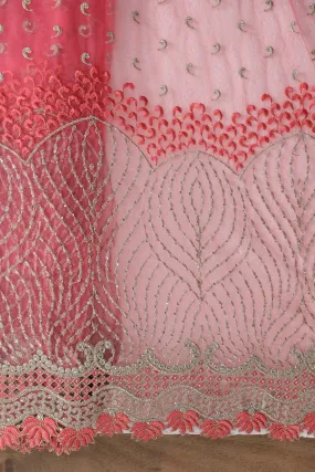 Big Width''56'' Gajri Pink Thread With Zari Traditional Embroidery Work On Gajri Pink Soft Net Fabric With Border