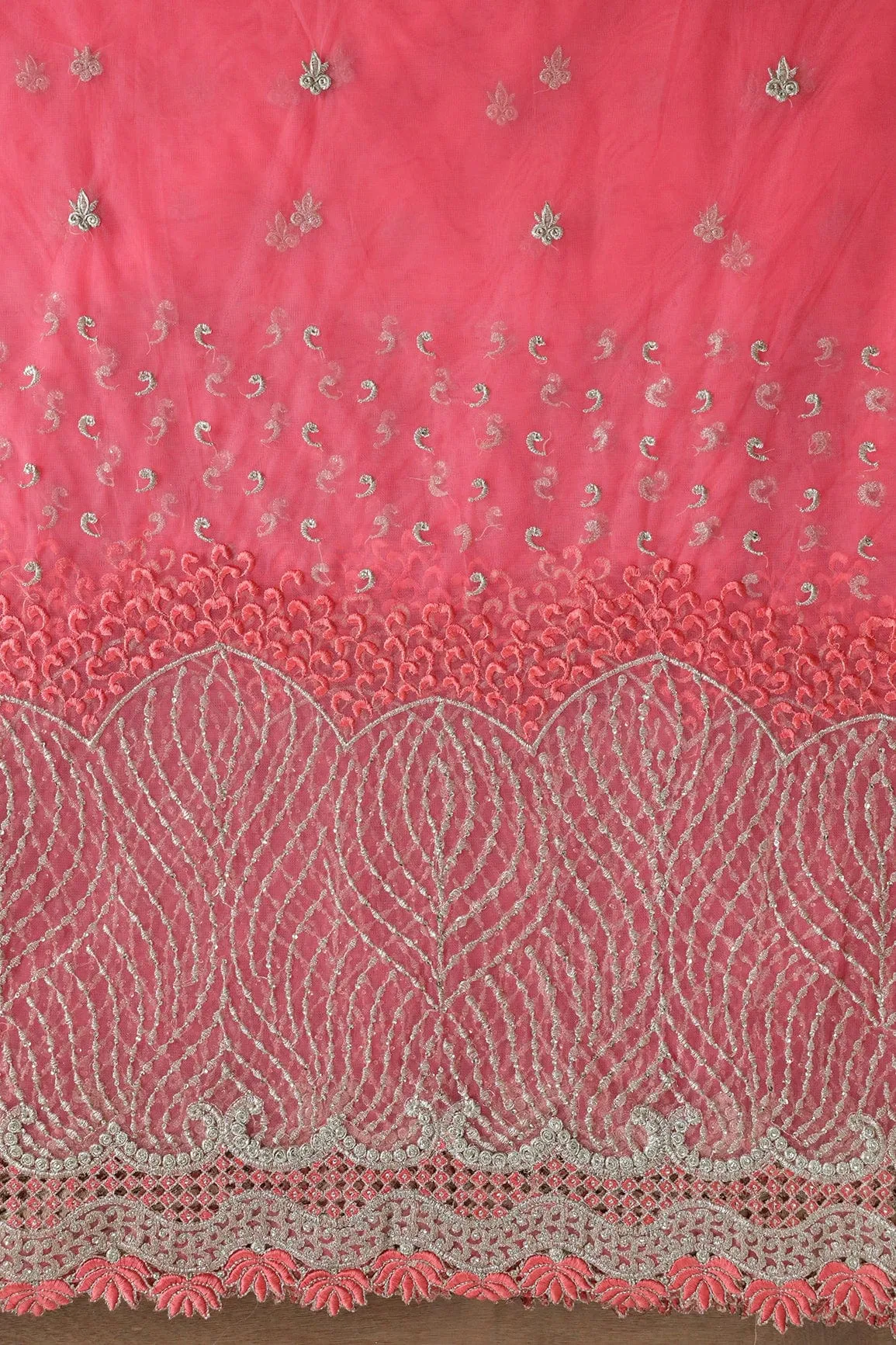 Big Width''56'' Gajri Pink Thread With Zari Traditional Embroidery Work On Gajri Pink Soft Net Fabric With Border