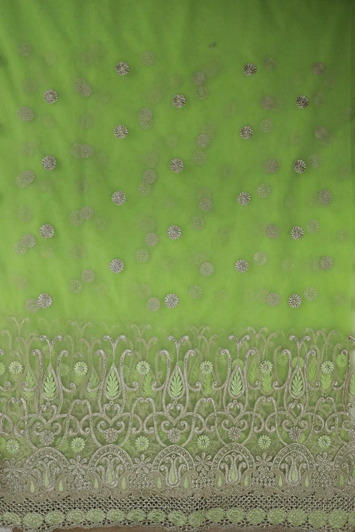 Big Width''56'' Green Thread With Zari Traditional Embroidery Work On Parrot Green Soft Net Fabric With Border