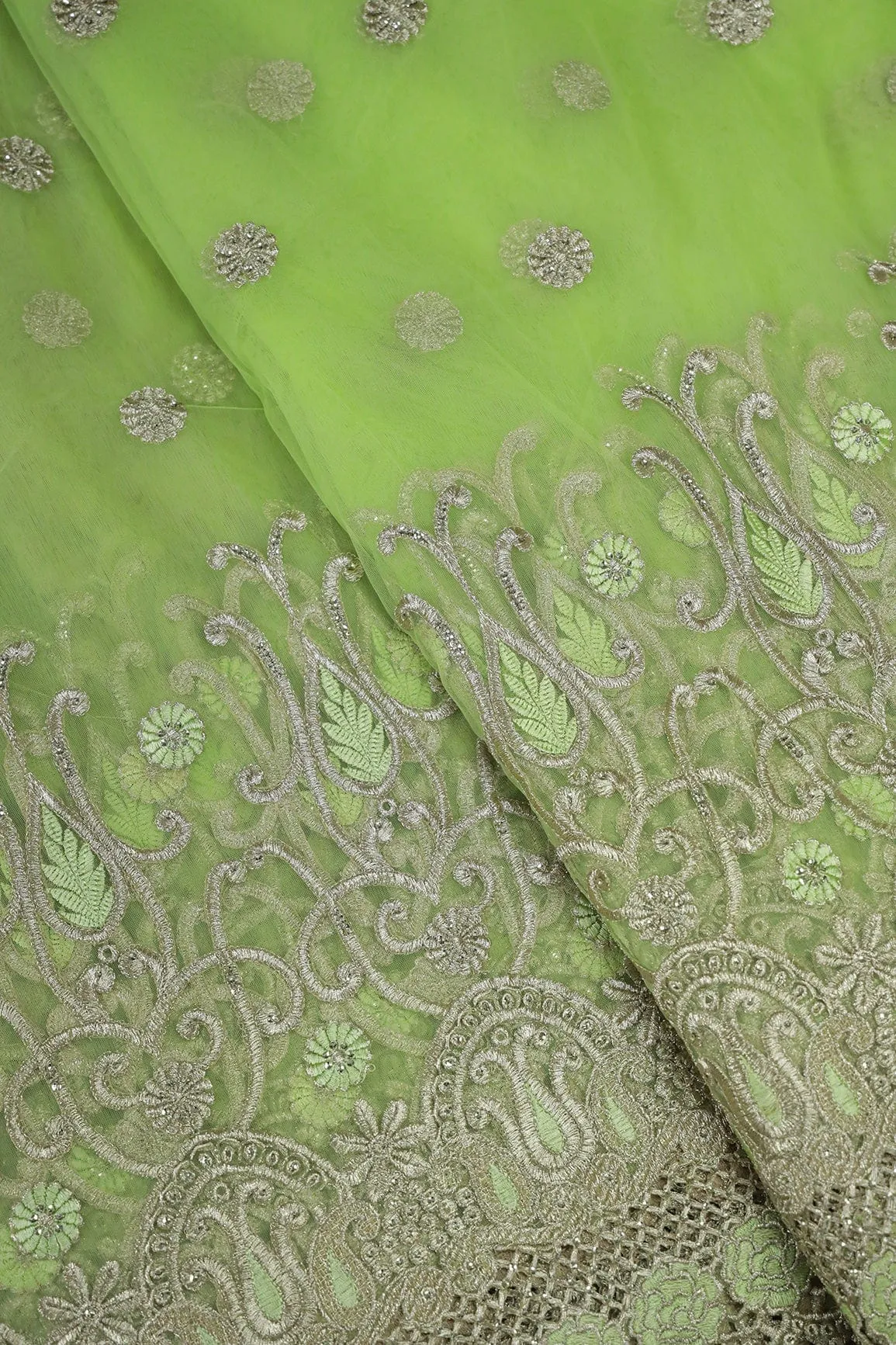 Big Width''56'' Green Thread With Zari Traditional Embroidery Work On Parrot Green Soft Net Fabric With Border