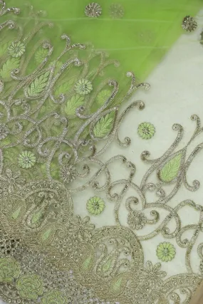 Big Width''56'' Green Thread With Zari Traditional Embroidery Work On Parrot Green Soft Net Fabric With Border