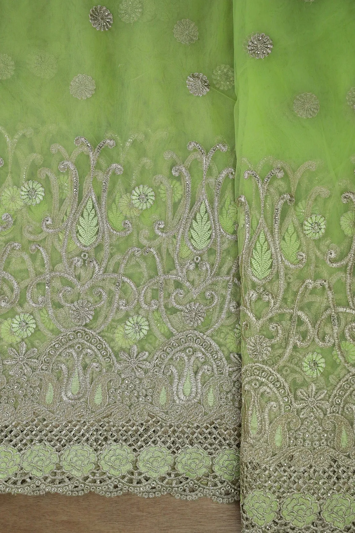 Big Width''56'' Green Thread With Zari Traditional Embroidery Work On Parrot Green Soft Net Fabric With Border