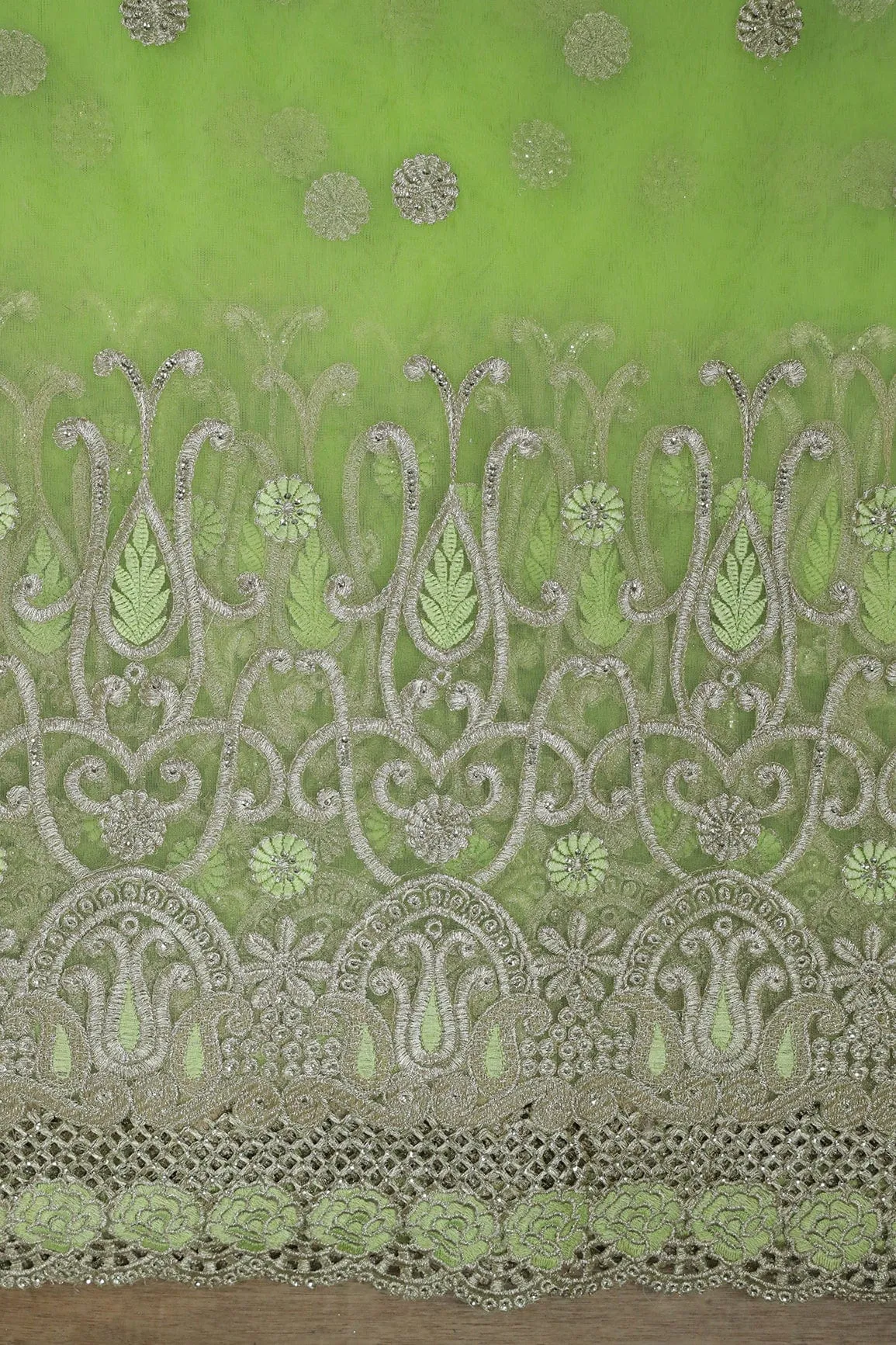 Big Width''56'' Green Thread With Zari Traditional Embroidery Work On Parrot Green Soft Net Fabric With Border