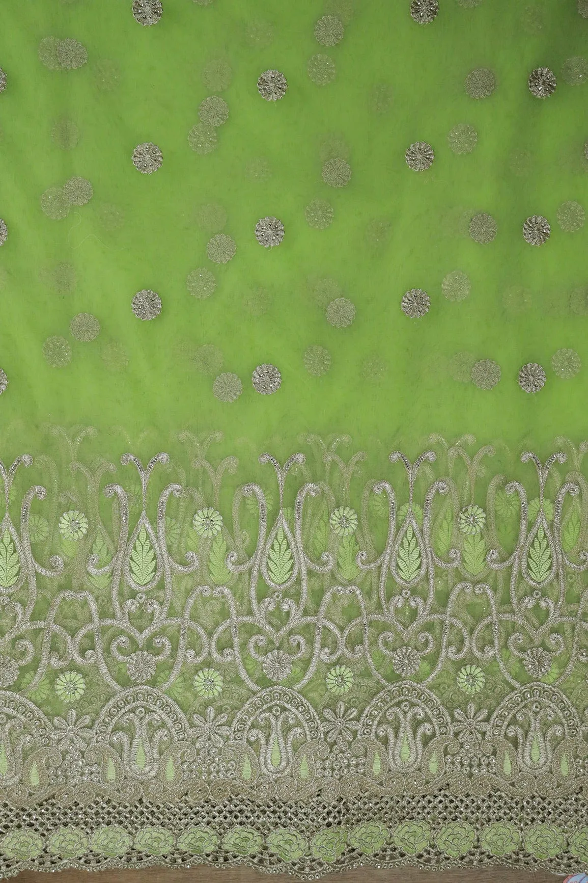 Big Width''56'' Green Thread With Zari Traditional Embroidery Work On Parrot Green Soft Net Fabric With Border