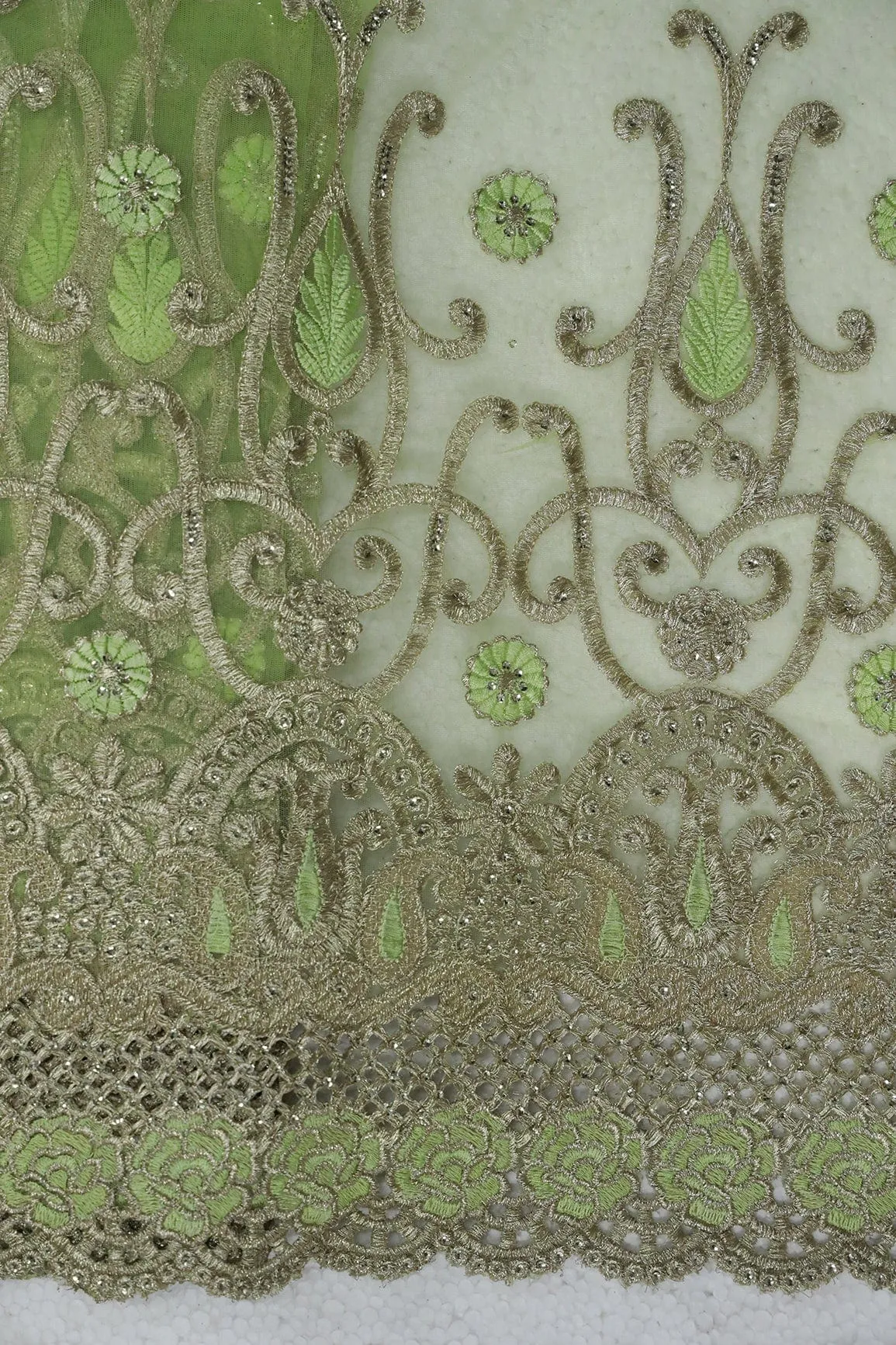 Big Width''56'' Green Thread With Zari Traditional Embroidery Work On Parrot Green Soft Net Fabric With Border