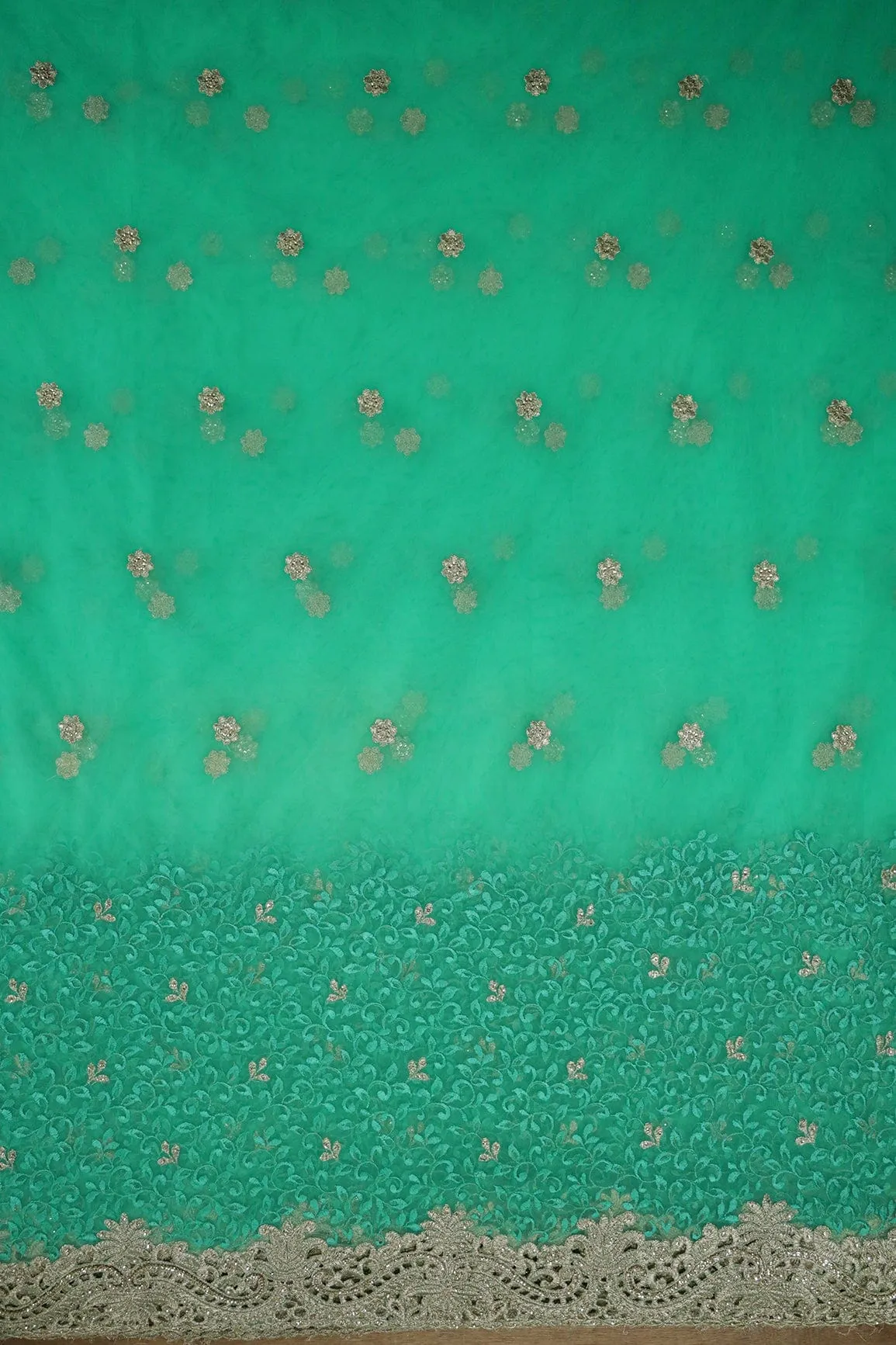Big Width''56'' Mint Green Thread With Zari Leafy Embroidery Work On Mint Green Soft Net Fabric With Border
