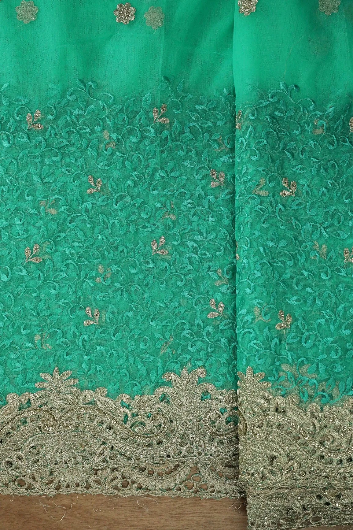 Big Width''56'' Mint Green Thread With Zari Leafy Embroidery Work On Mint Green Soft Net Fabric With Border