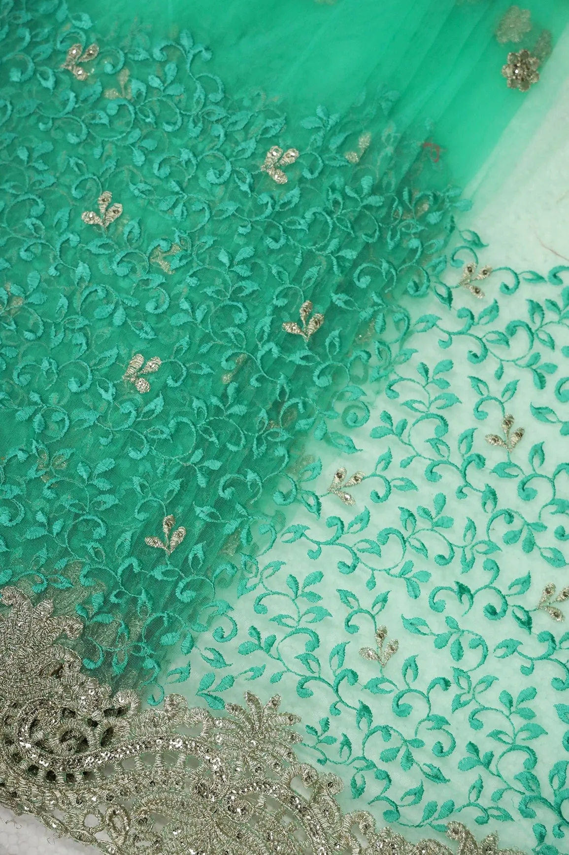 Big Width''56'' Mint Green Thread With Zari Leafy Embroidery Work On Mint Green Soft Net Fabric With Border