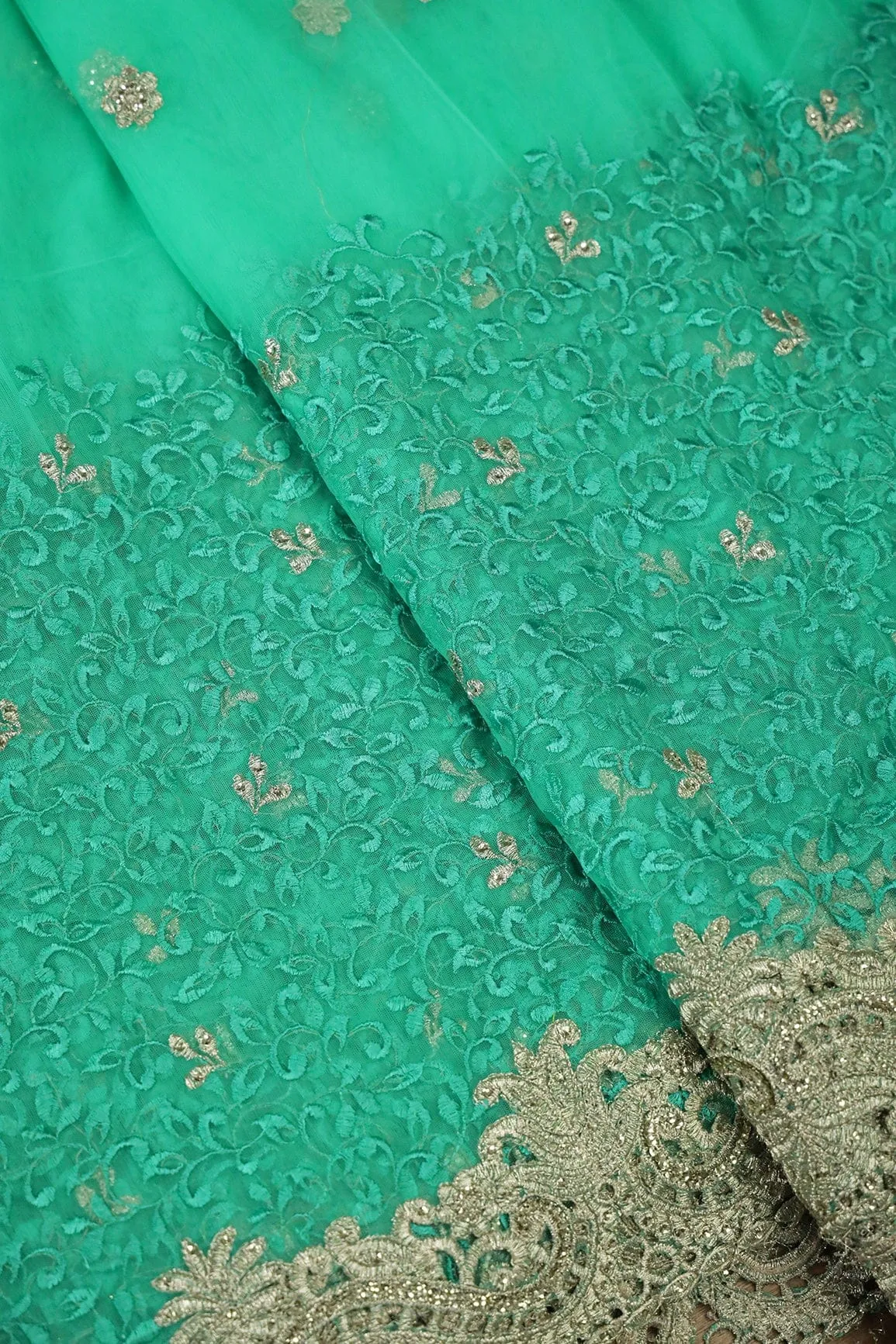 Big Width''56'' Mint Green Thread With Zari Leafy Embroidery Work On Mint Green Soft Net Fabric With Border