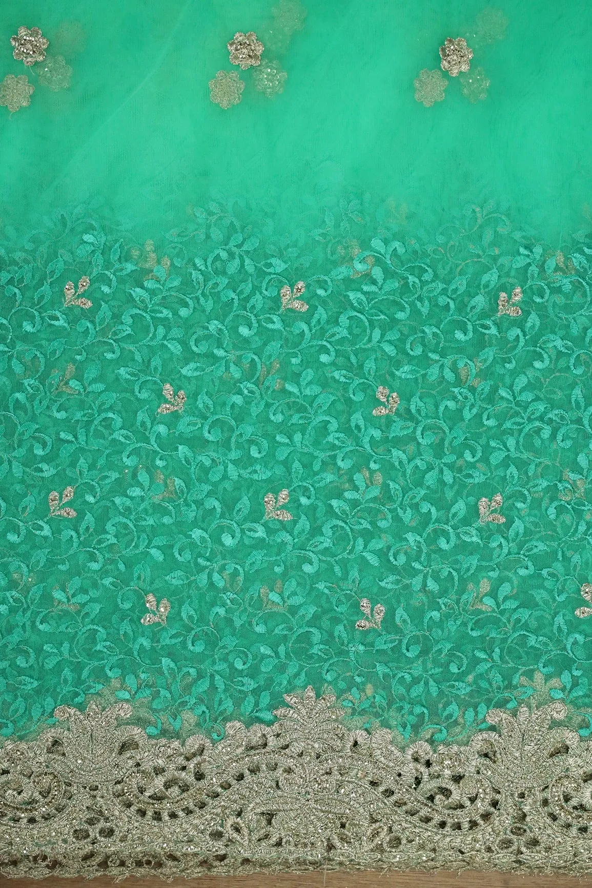 Big Width''56'' Mint Green Thread With Zari Leafy Embroidery Work On Mint Green Soft Net Fabric With Border