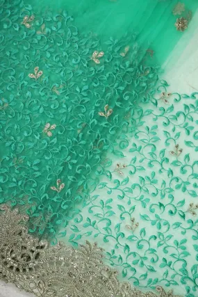 Big Width''56'' Mint Green Thread With Zari Leafy Embroidery Work On Mint Green Soft Net Fabric With Border