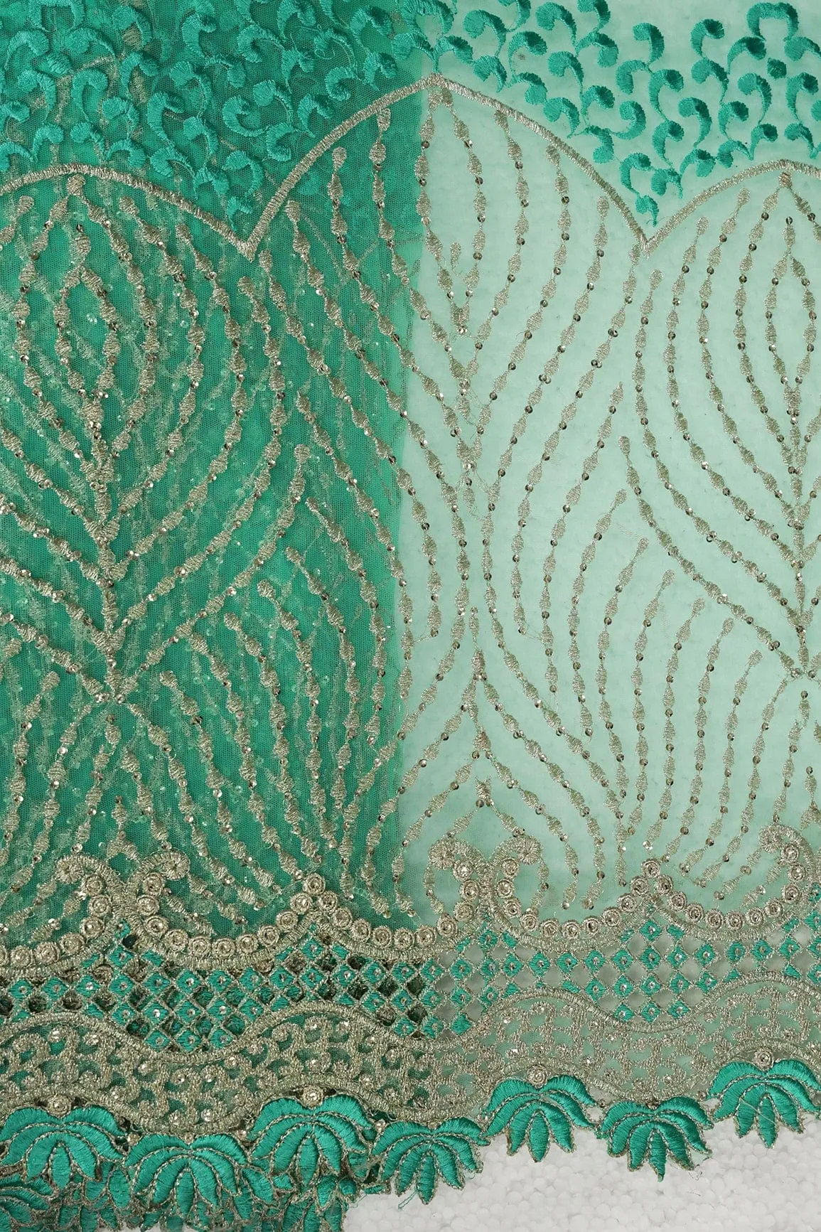Big Width''56'' Mint Green Thread With Zari Traditional Embroidery Work On Mint Green Soft Net Fabric With Border