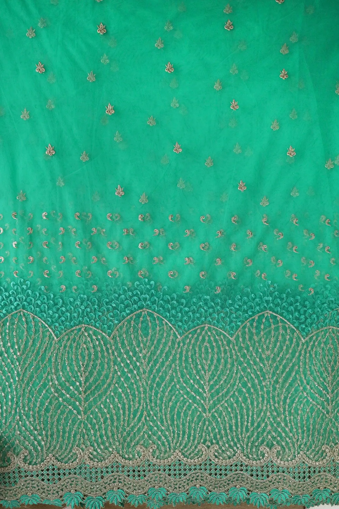 Big Width''56'' Mint Green Thread With Zari Traditional Embroidery Work On Mint Green Soft Net Fabric With Border