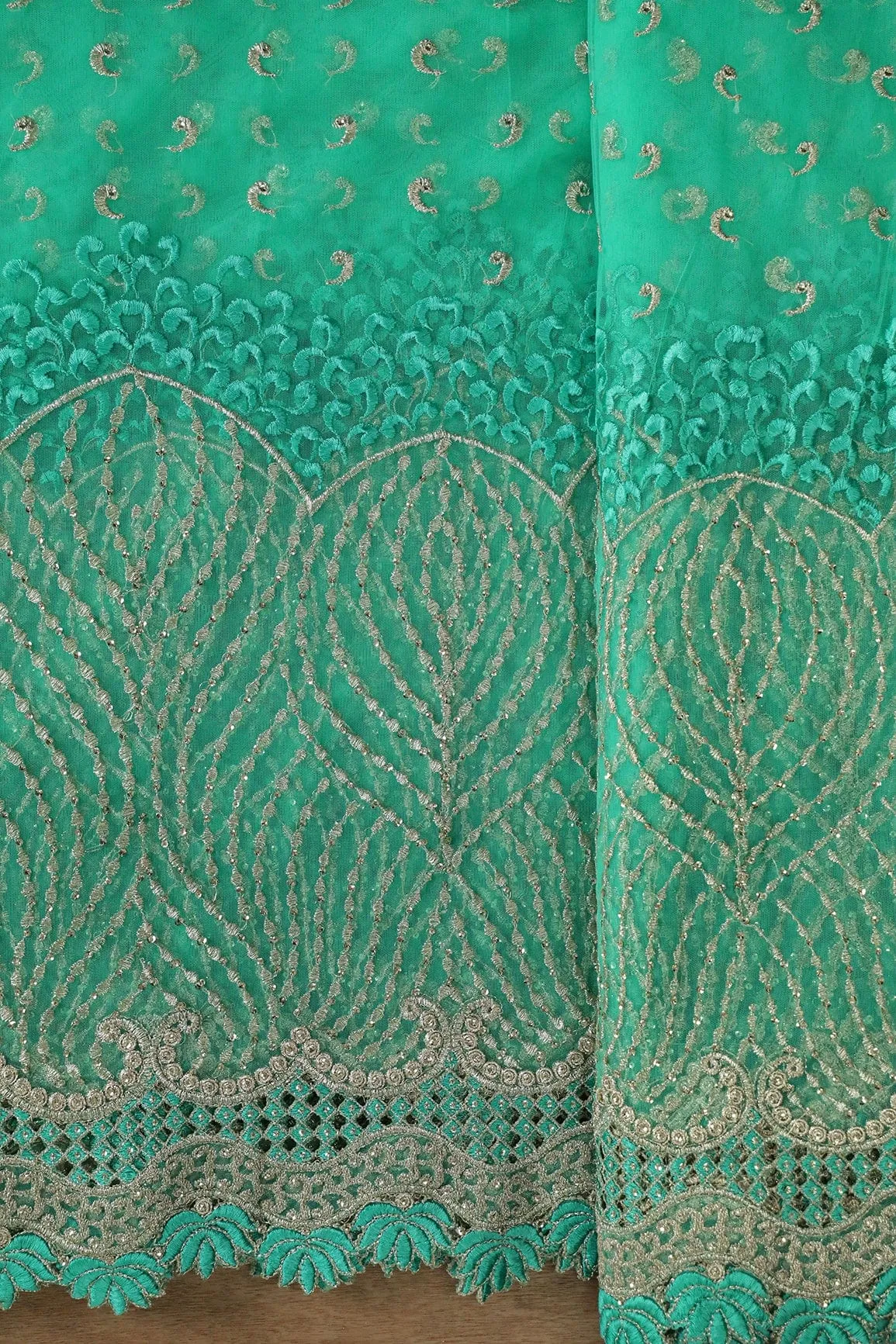 Big Width''56'' Mint Green Thread With Zari Traditional Embroidery Work On Mint Green Soft Net Fabric With Border