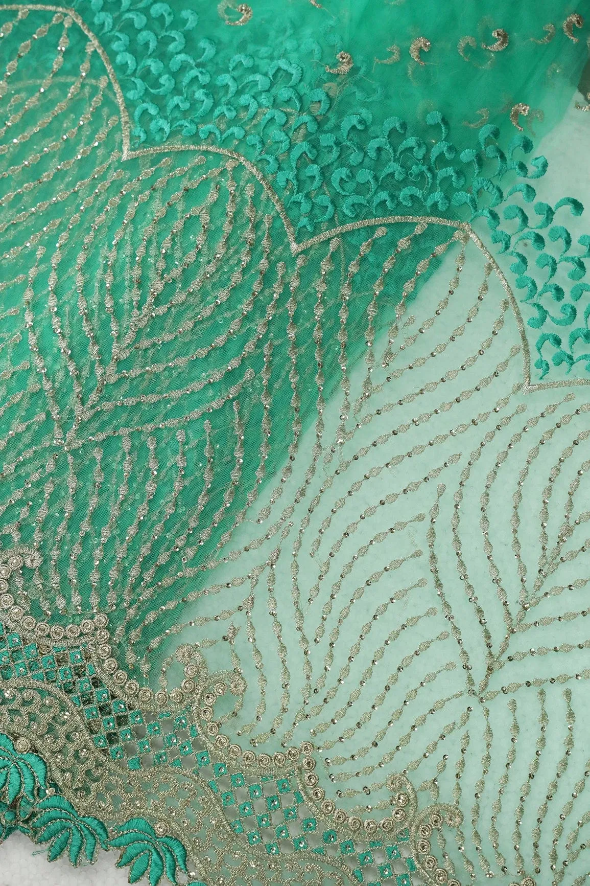 Big Width''56'' Mint Green Thread With Zari Traditional Embroidery Work On Mint Green Soft Net Fabric With Border