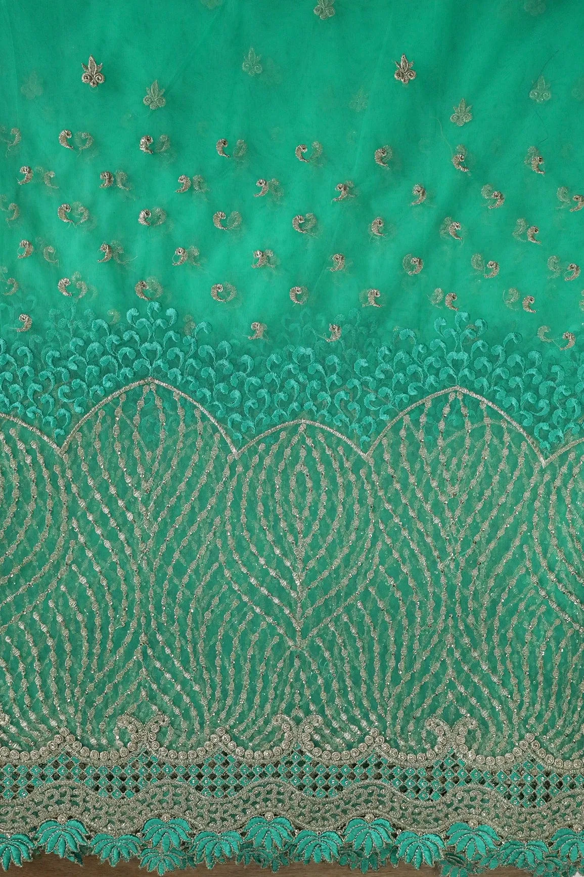 Big Width''56'' Mint Green Thread With Zari Traditional Embroidery Work On Mint Green Soft Net Fabric With Border