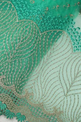 Big Width''56'' Mint Green Thread With Zari Traditional Embroidery Work On Mint Green Soft Net Fabric With Border