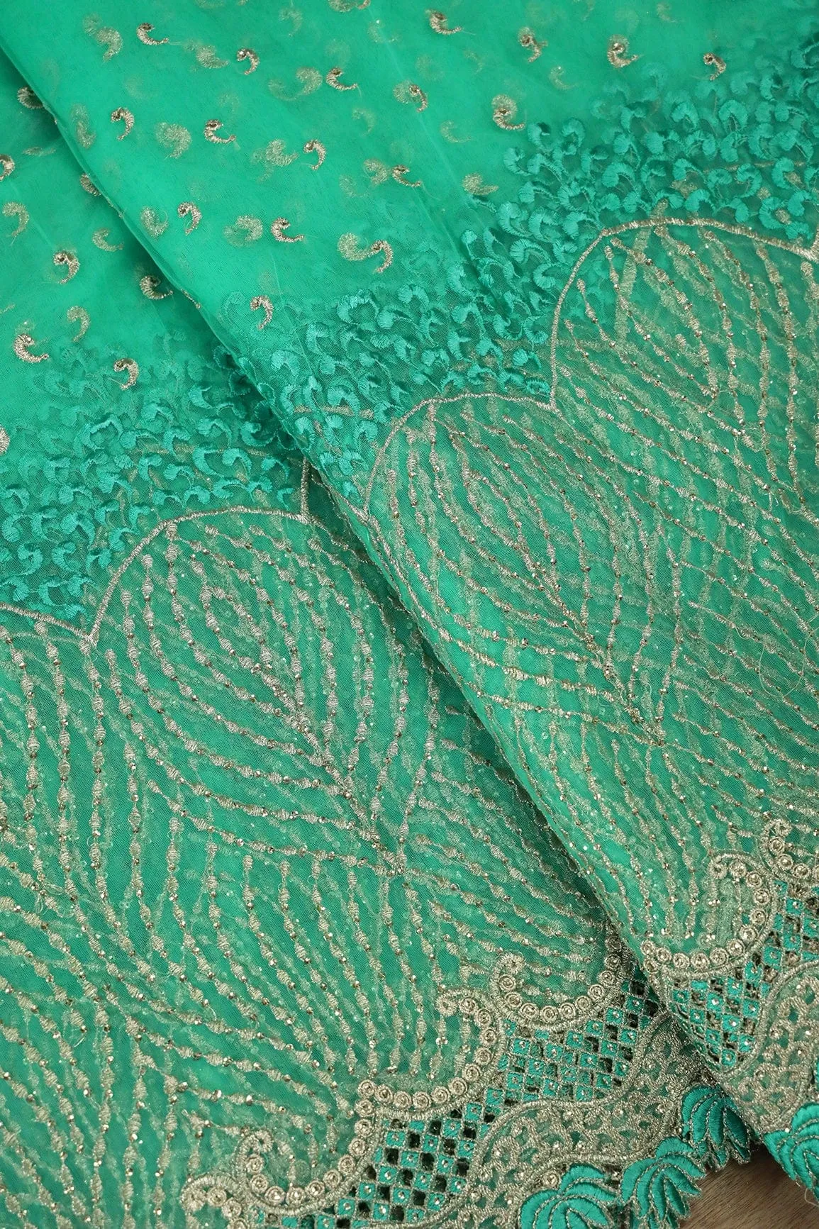 Big Width''56'' Mint Green Thread With Zari Traditional Embroidery Work On Mint Green Soft Net Fabric With Border