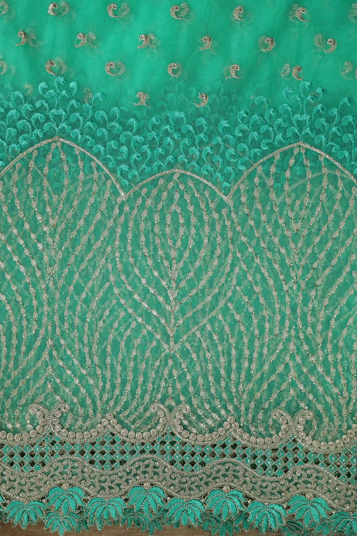Big Width''56'' Mint Green Thread With Zari Traditional Embroidery Work On Mint Green Soft Net Fabric With Border