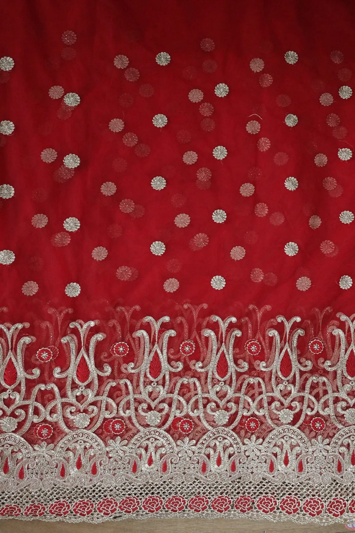 Big Width''56'' Red Thread With Zari Traditional Embroidery Work On Red Soft Net Fabric With Border