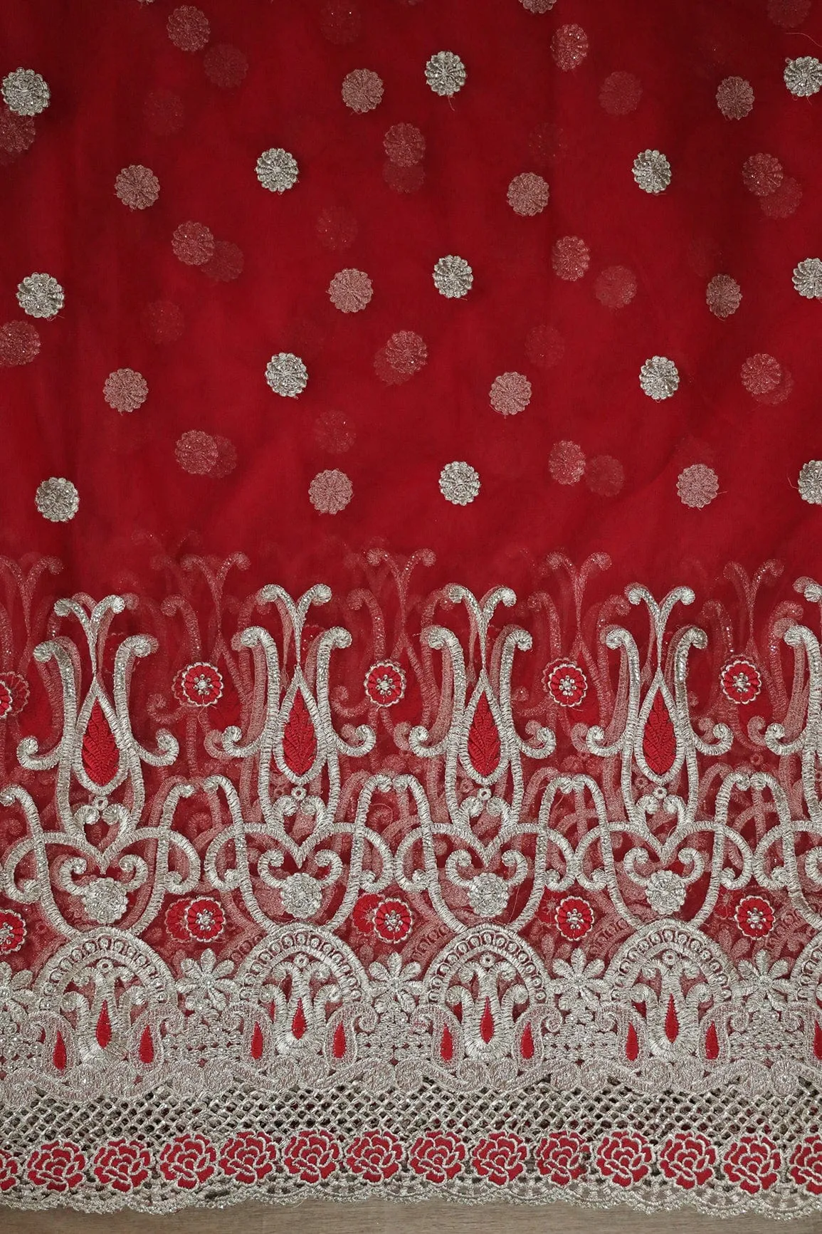 Big Width''56'' Red Thread With Zari Traditional Embroidery Work On Red Soft Net Fabric With Border