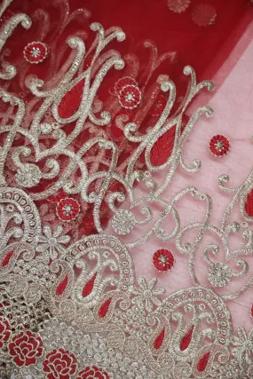 Big Width''56'' Red Thread With Zari Traditional Embroidery Work On Red Soft Net Fabric With Border