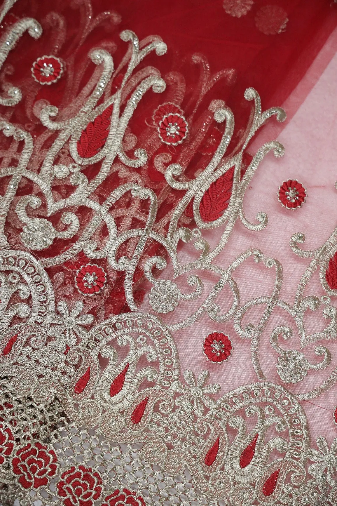 Big Width''56'' Red Thread With Zari Traditional Embroidery Work On Red Soft Net Fabric With Border