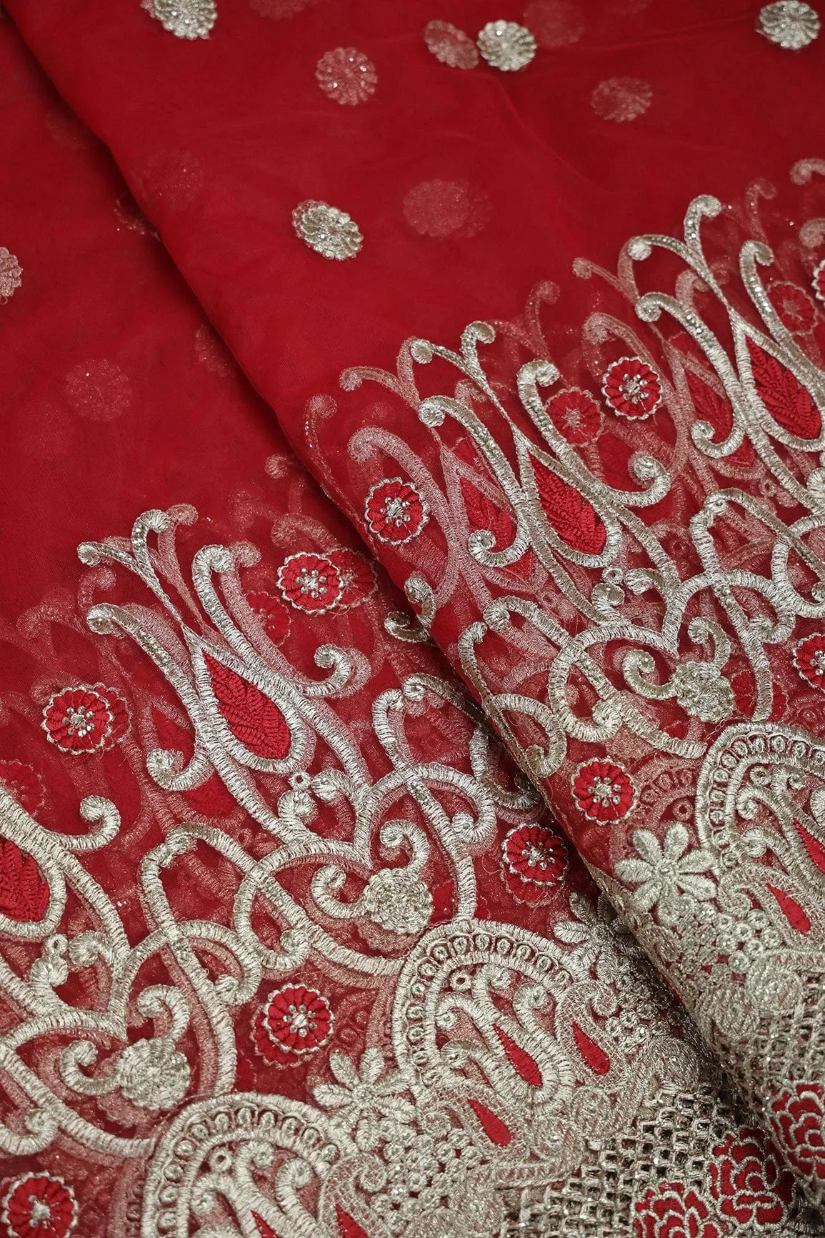 Big Width''56'' Red Thread With Zari Traditional Embroidery Work On Red Soft Net Fabric With Border