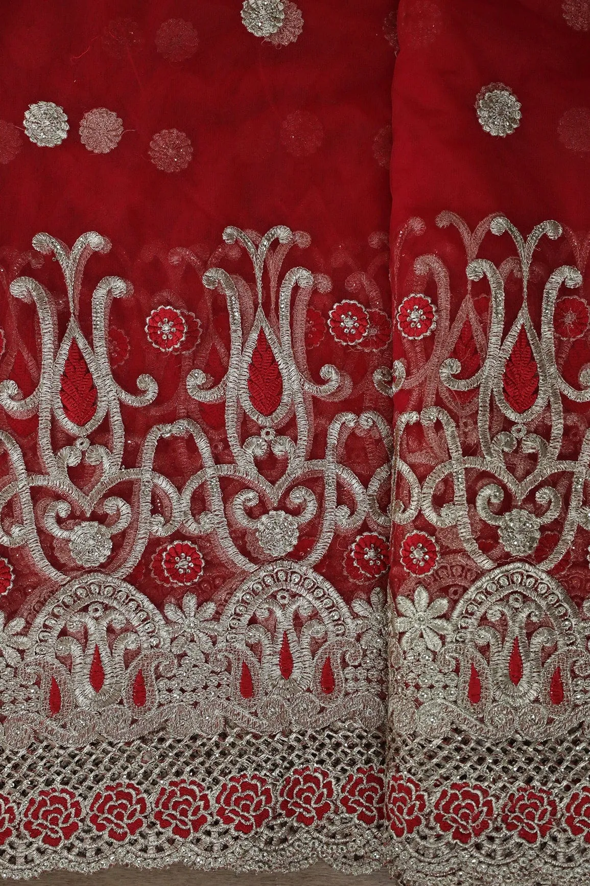 Big Width''56'' Red Thread With Zari Traditional Embroidery Work On Red Soft Net Fabric With Border