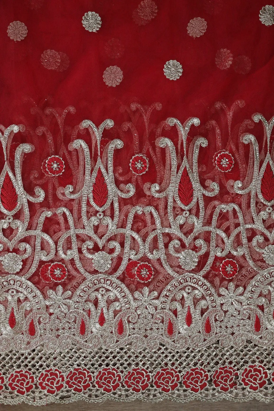 Big Width''56'' Red Thread With Zari Traditional Embroidery Work On Red Soft Net Fabric With Border