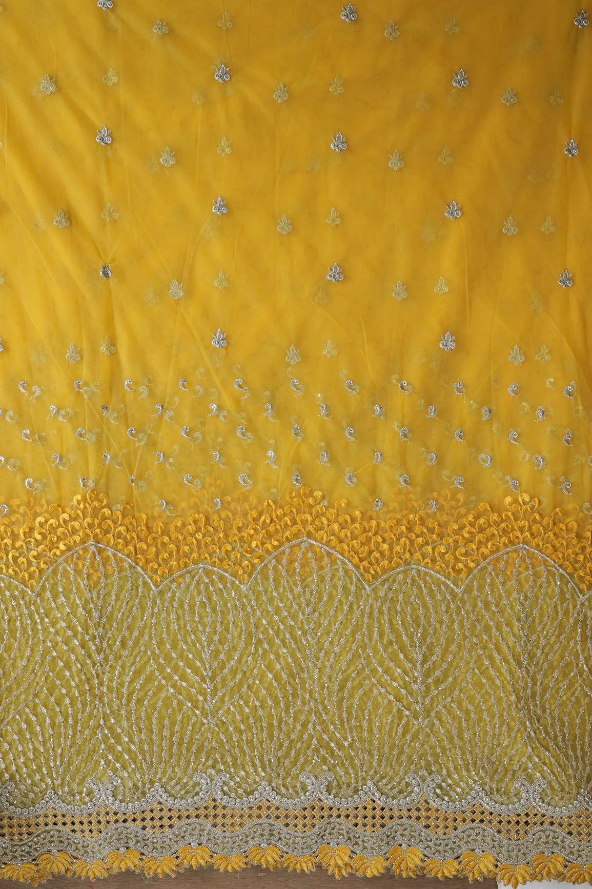 Big Width''56'' Yellow Thread With Zari Traditional Embroidery Work On Yellow Soft Net Fabric With Border