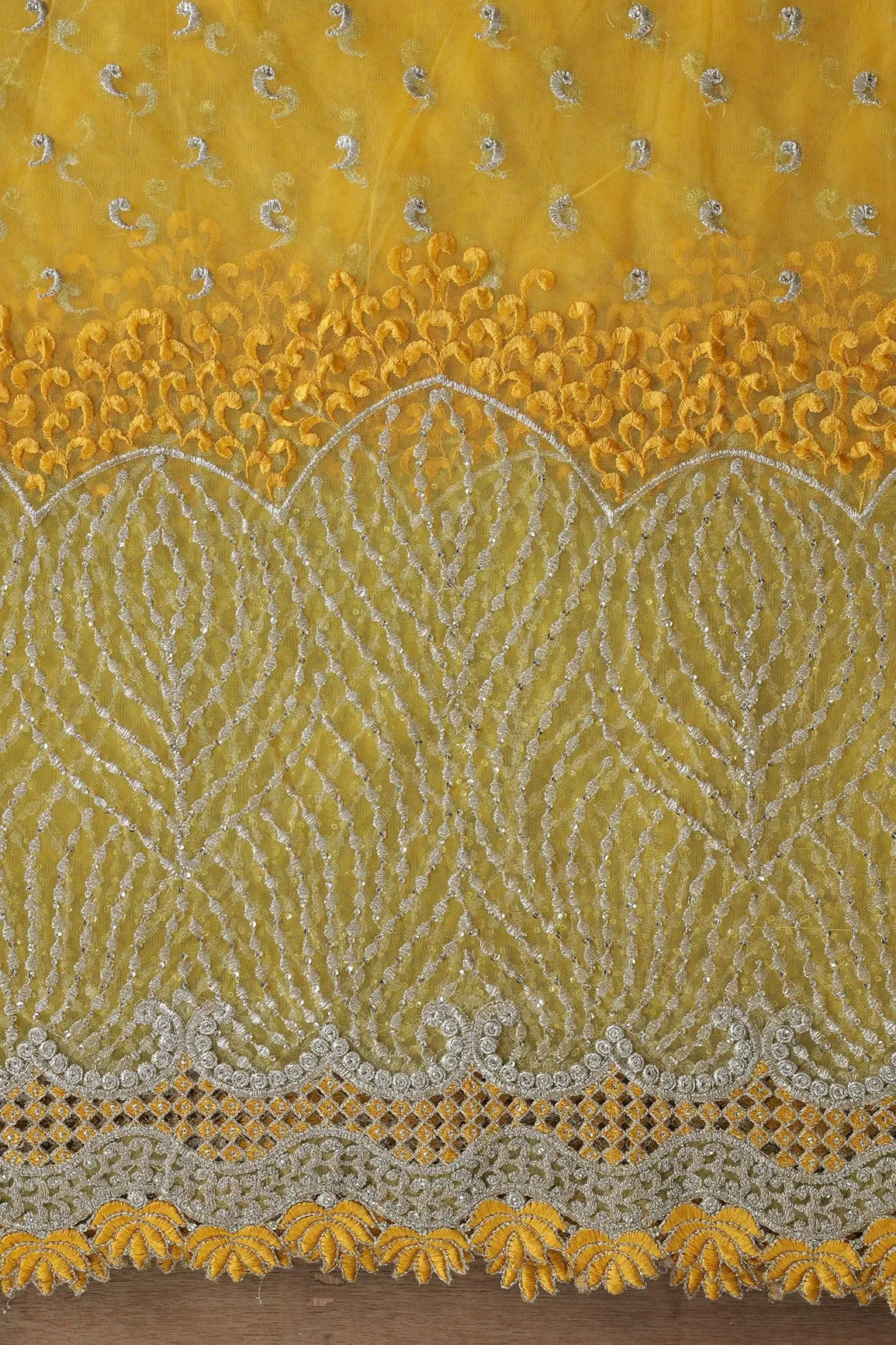 Big Width''56'' Yellow Thread With Zari Traditional Embroidery Work On Yellow Soft Net Fabric With Border