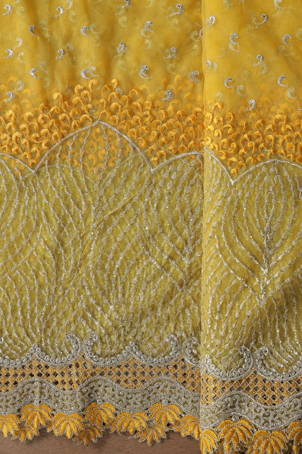 Big Width''56'' Yellow Thread With Zari Traditional Embroidery Work On Yellow Soft Net Fabric With Border