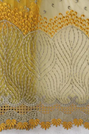 Big Width''56'' Yellow Thread With Zari Traditional Embroidery Work On Yellow Soft Net Fabric With Border
