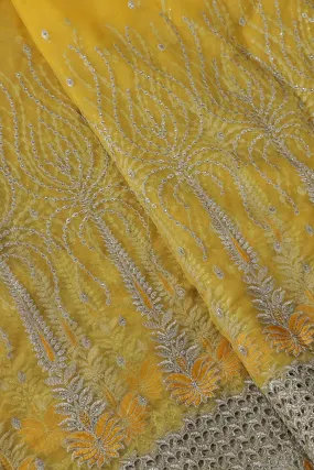 Big Width''56'' Yellow Thread With Zari Traditional Embroidery Work On Yellow Soft Net Fabric With Border
