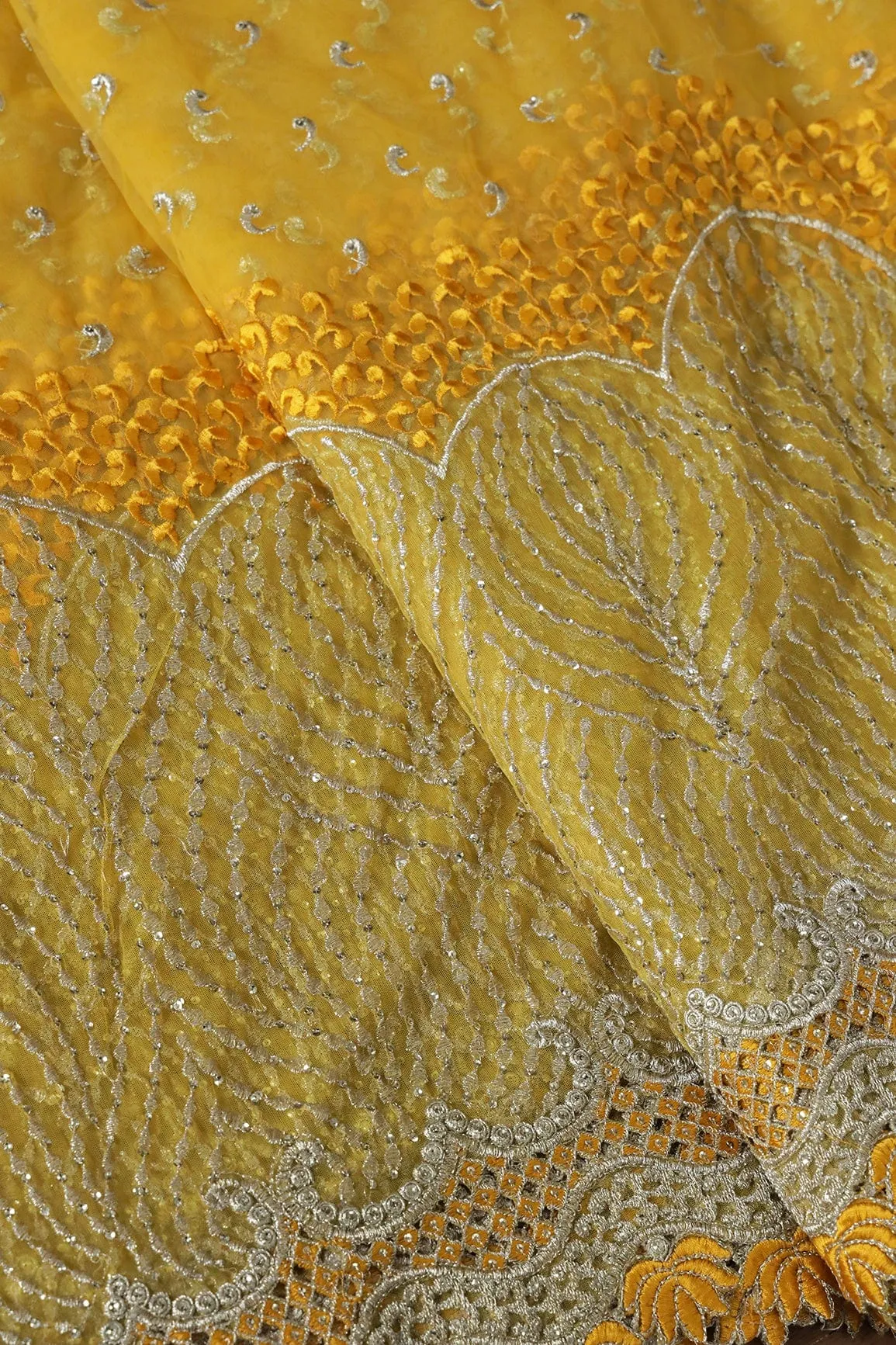 Big Width''56'' Yellow Thread With Zari Traditional Embroidery Work On Yellow Soft Net Fabric With Border