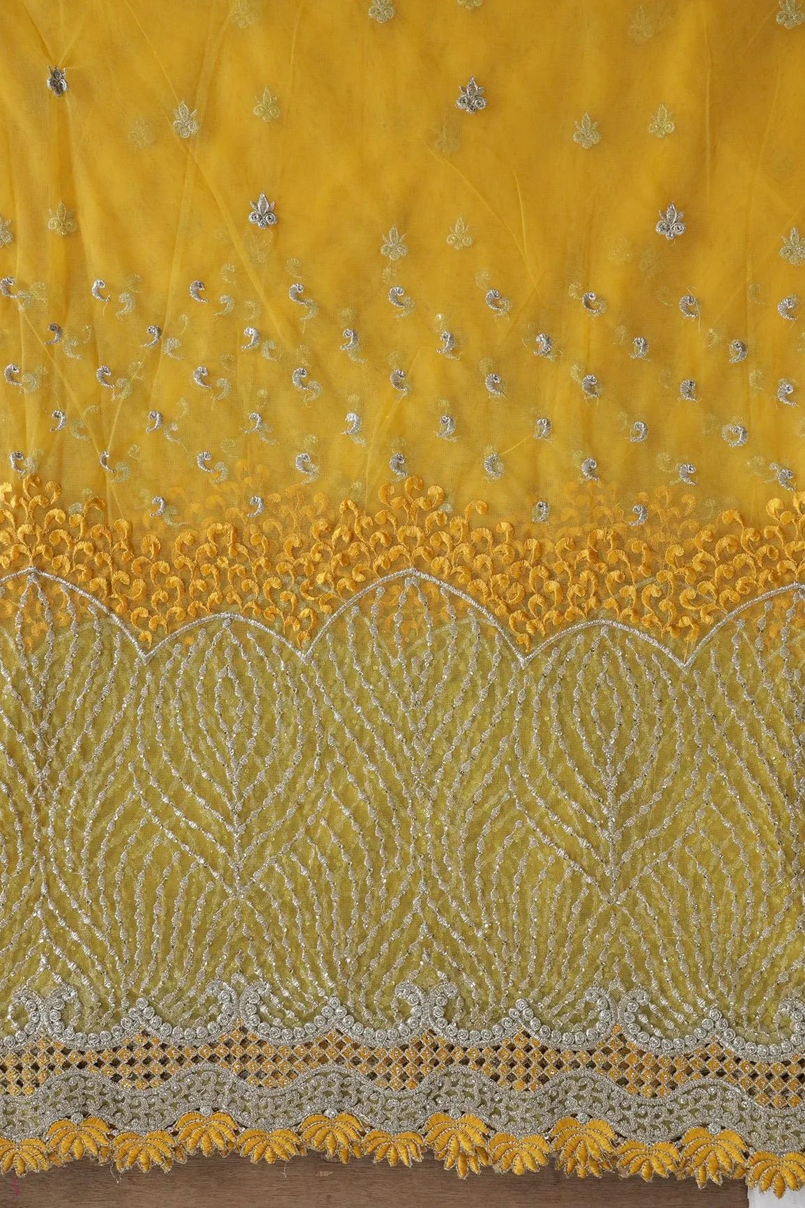 Big Width''56'' Yellow Thread With Zari Traditional Embroidery Work On Yellow Soft Net Fabric With Border