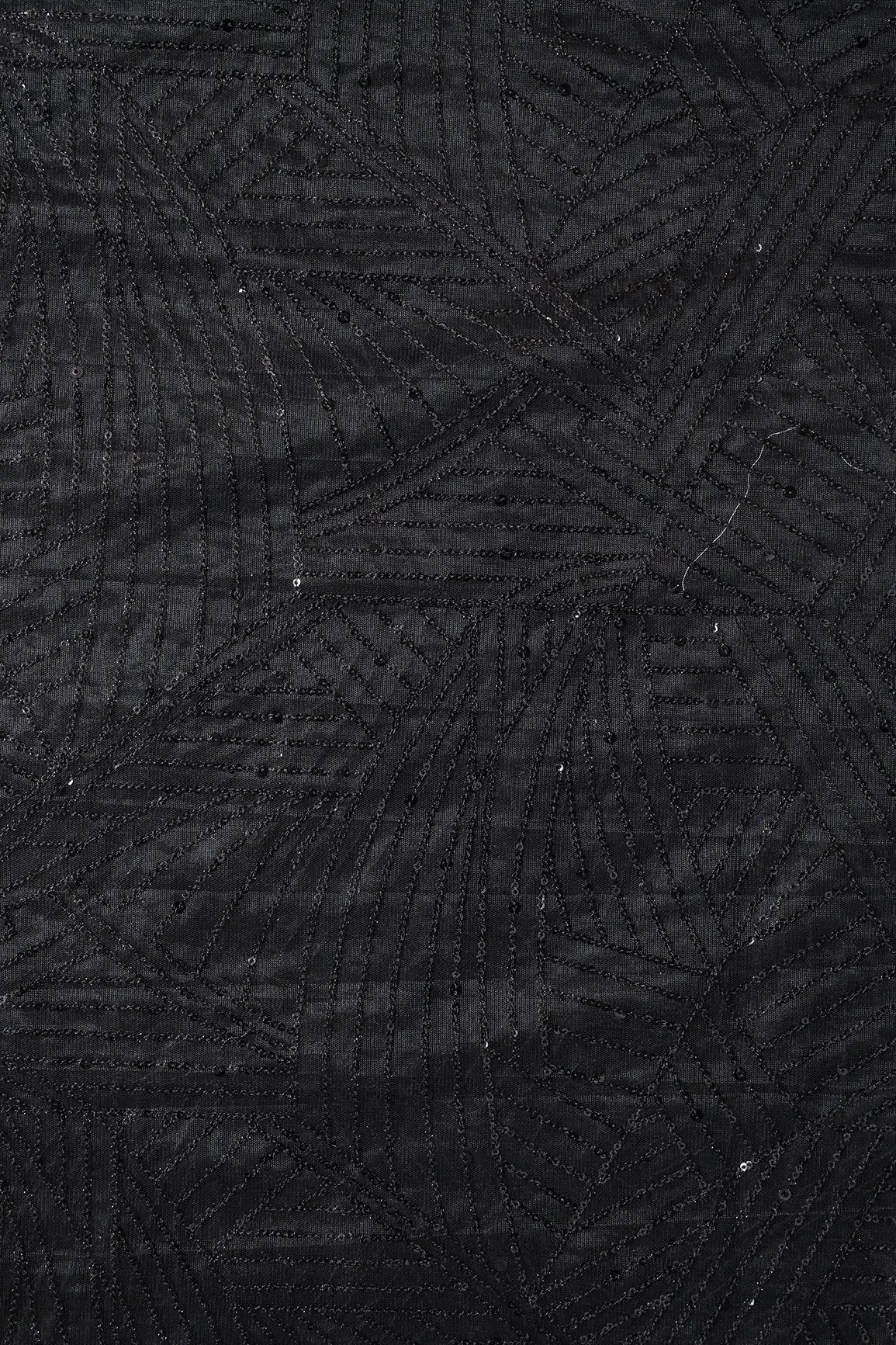 Black Small Sequins Geometric Embroidery On Black Soft Net Fabric