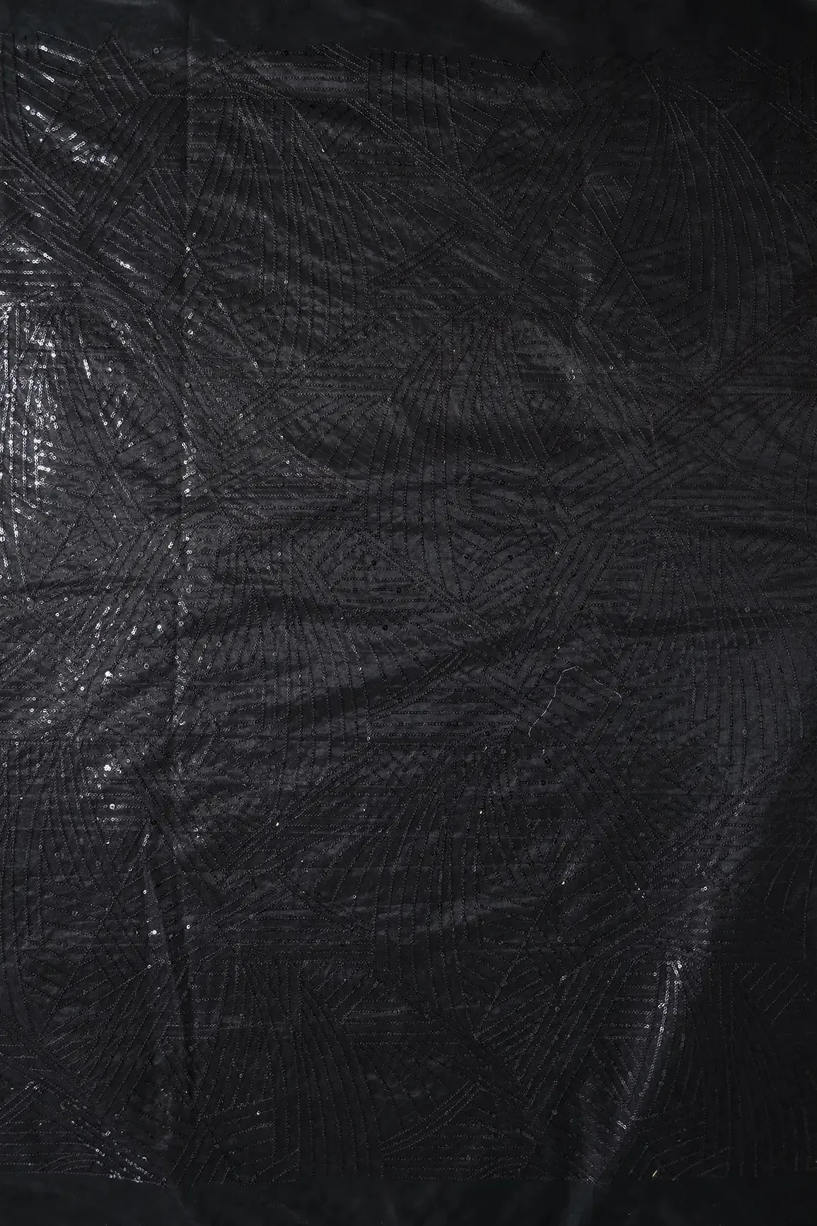 Black Small Sequins Geometric Embroidery On Black Soft Net Fabric