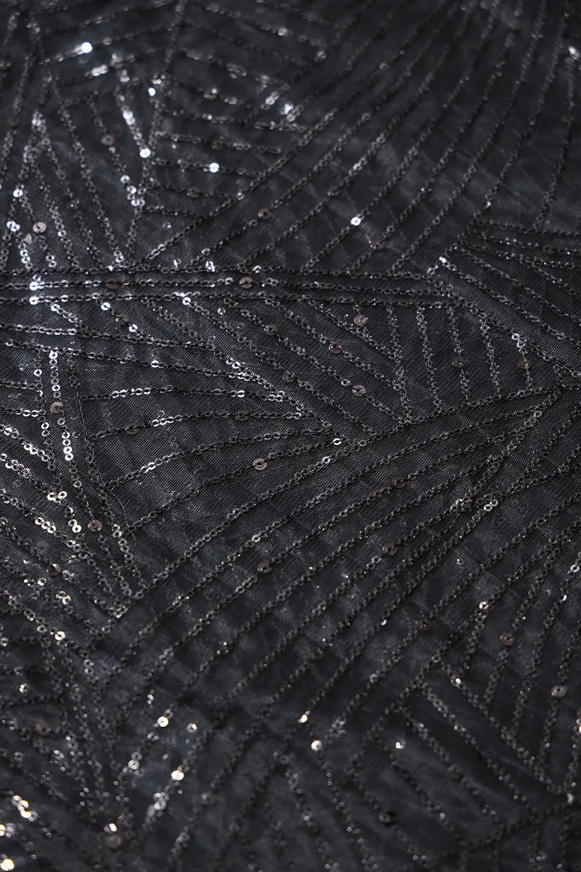 Black Small Sequins Geometric Embroidery On Black Soft Net Fabric