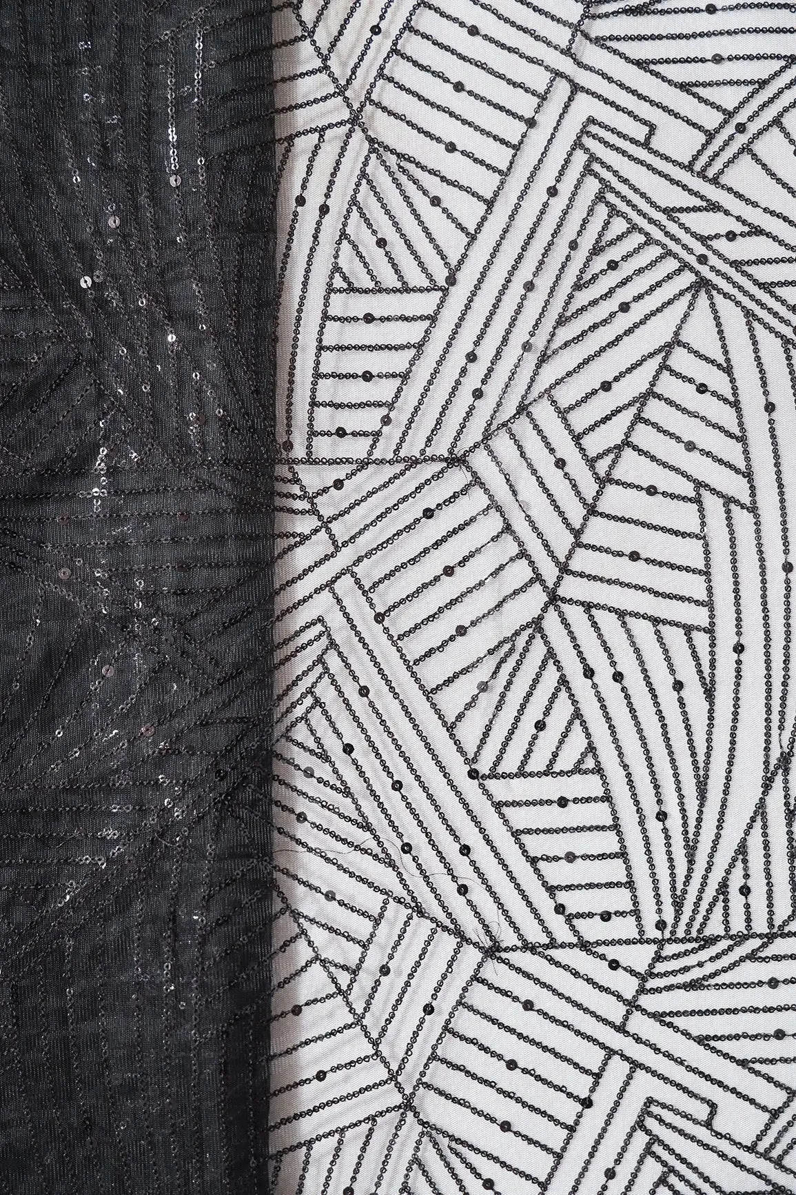 Black Small Sequins Geometric Embroidery On Black Soft Net Fabric