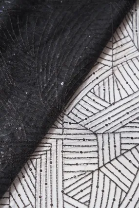 Black Small Sequins Geometric Embroidery On Black Soft Net Fabric
