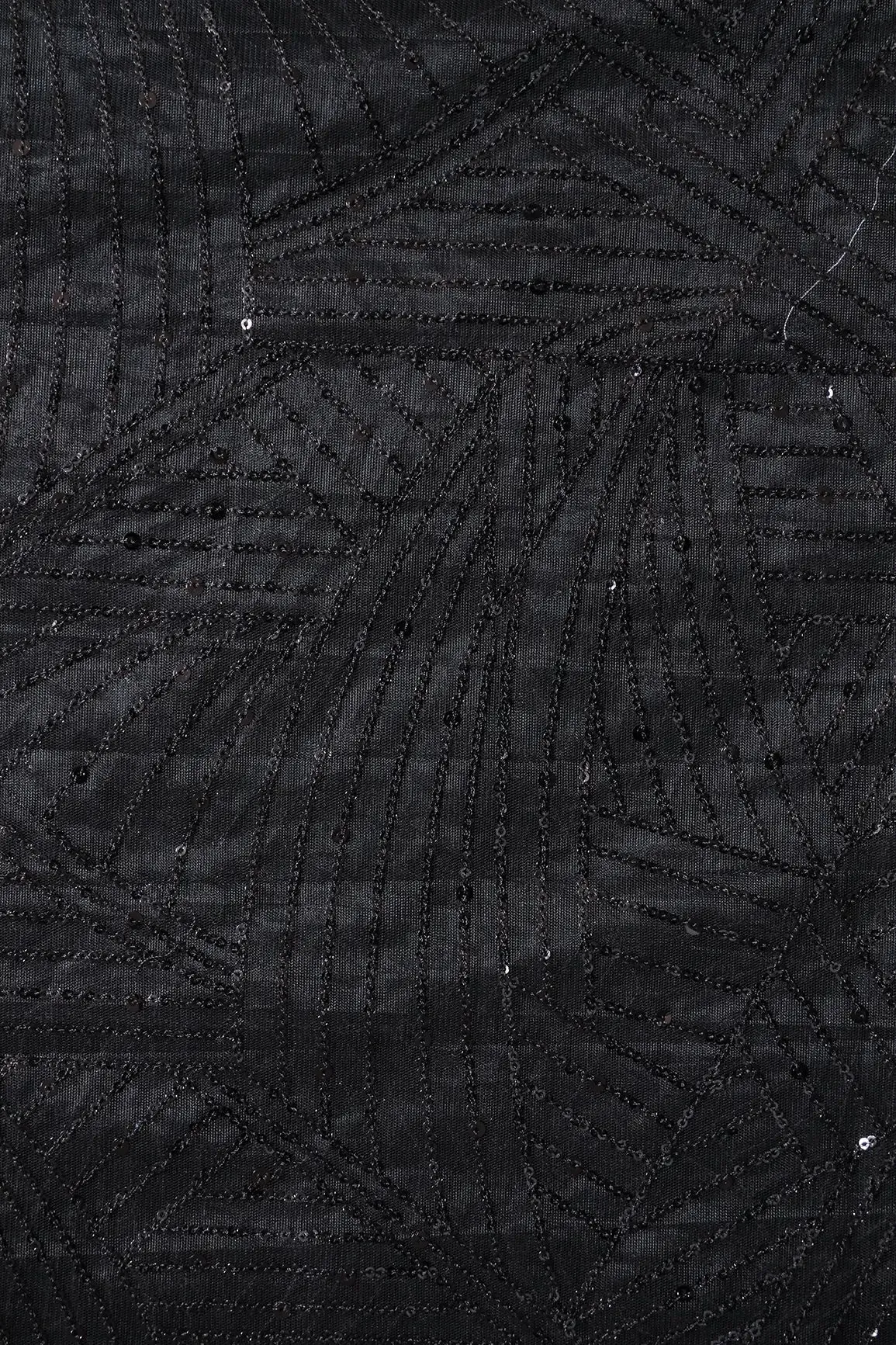 Black Small Sequins Geometric Embroidery On Black Soft Net Fabric