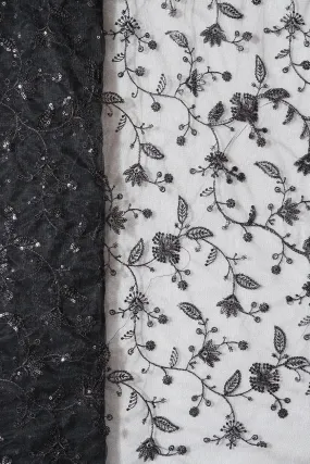 Black Thread With Black Sequins Floral Embroidery On Black Soft Net Fabric