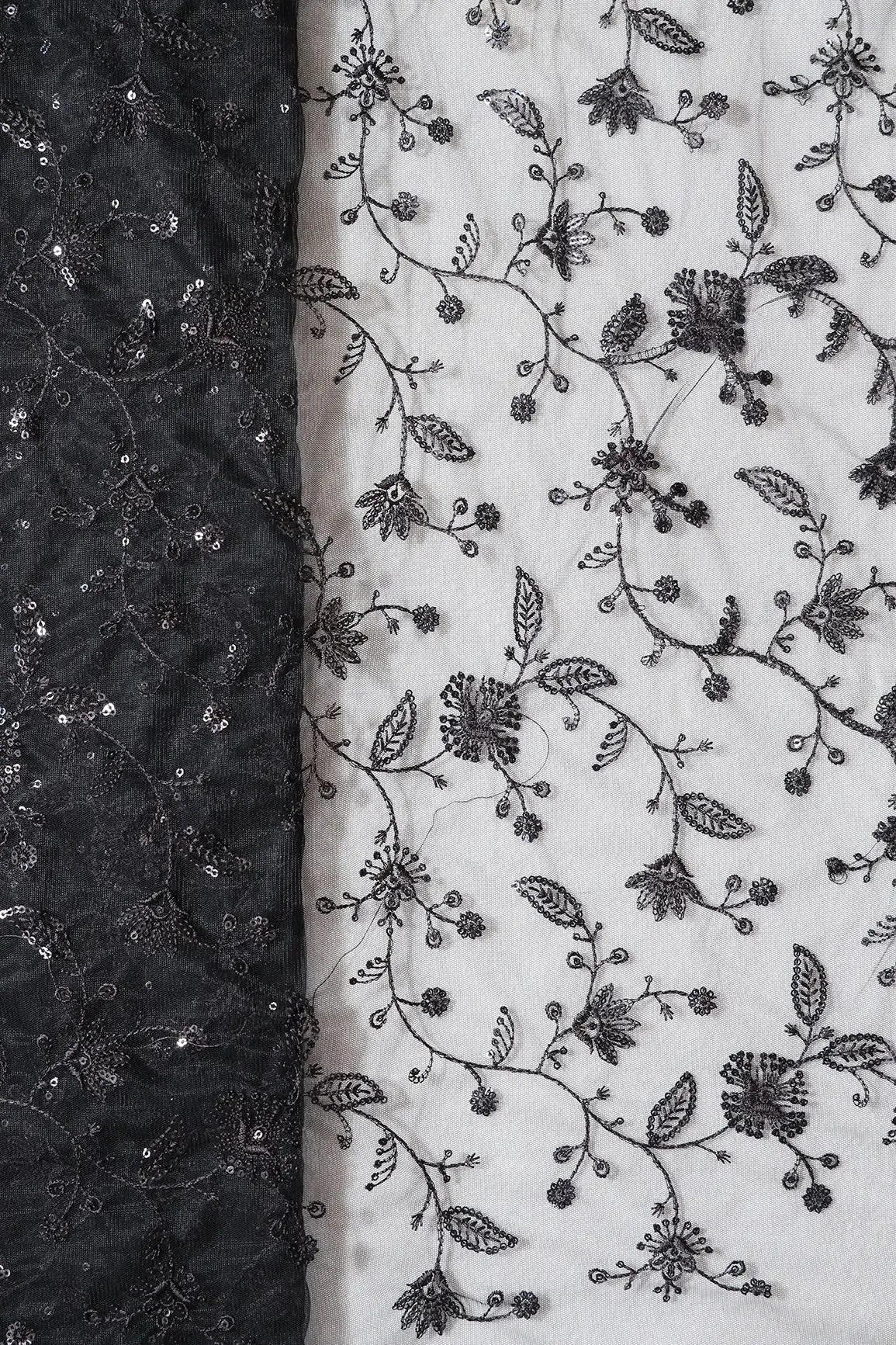 Black Thread With Black Sequins Floral Embroidery On Black Soft Net Fabric