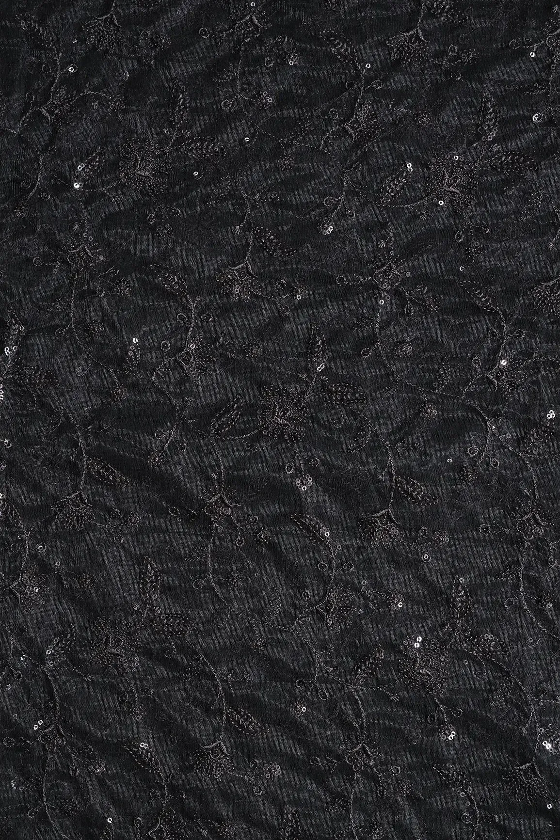 Black Thread With Black Sequins Floral Embroidery On Black Soft Net Fabric